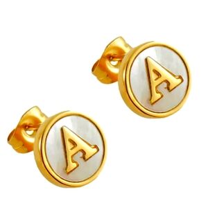 18K GP Pearl Letter 'A' Stud Earrings Initial Titanium Hypoallergenic Waterproof